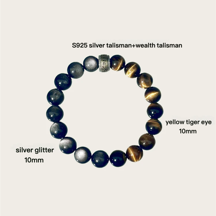 Metal+Earth Natural Obsidian & Tiger's Eye Beaded Bracelet