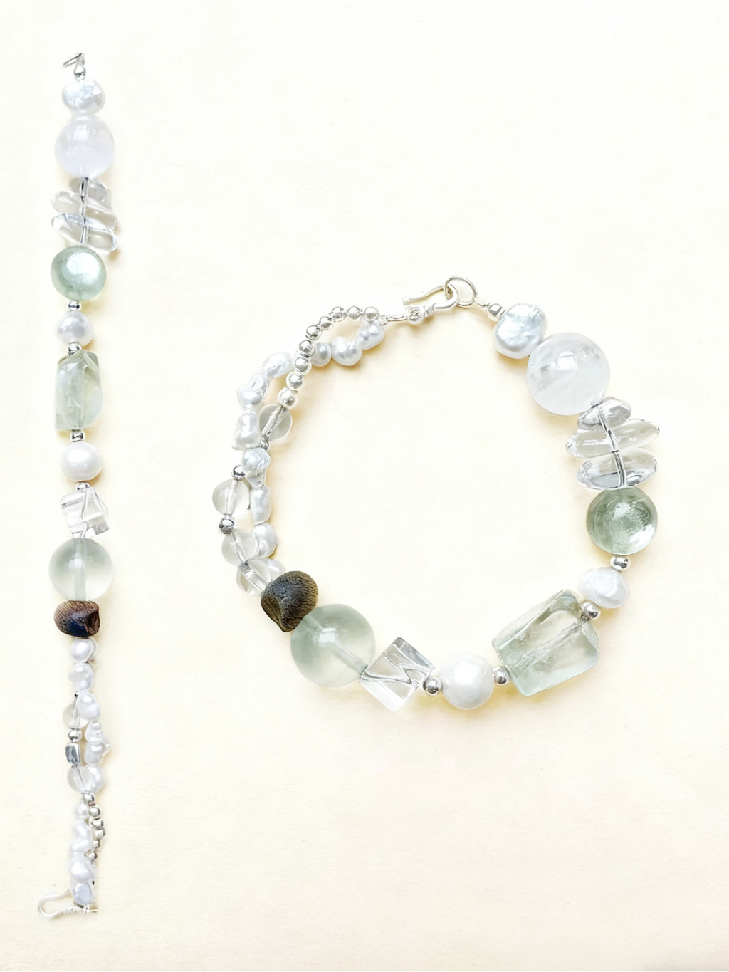 Wood Green Fluorite & Lepidolite With Pearls Bracelet