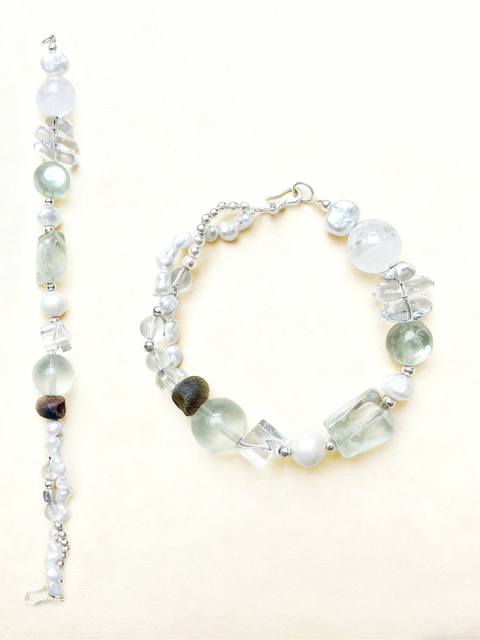 Wood Green Fluorite & Lepidolite With Pearls Bracelet