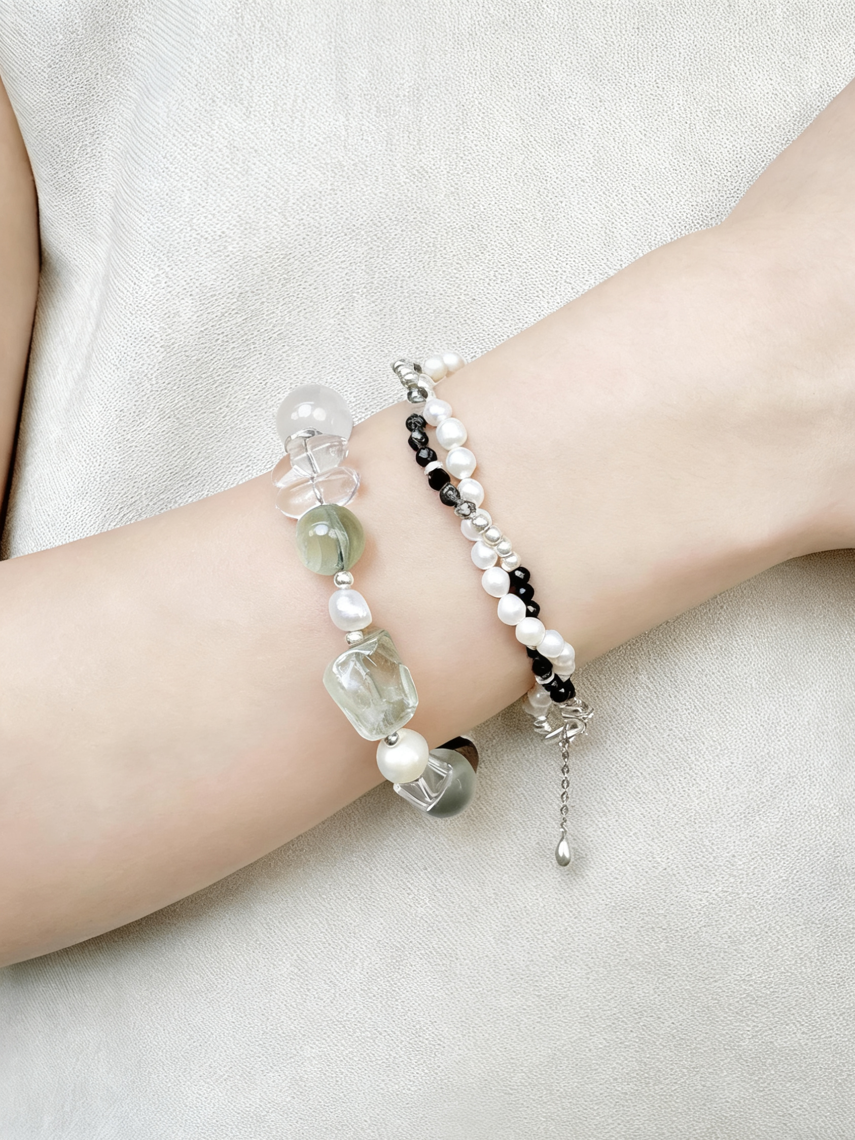Wood Green Fluorite & Lepidolite With Pearls Bracelet