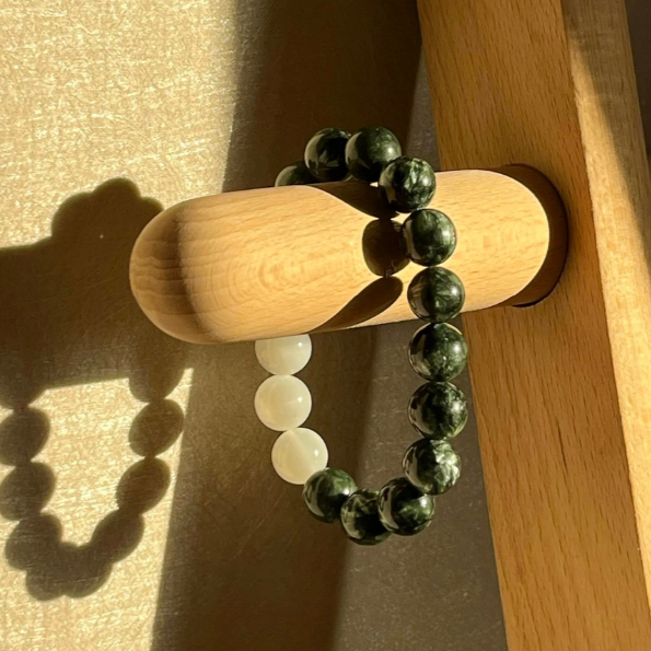 Wood + Metal Green Dragon Stone & Moonstone Minimalist Bracelet
