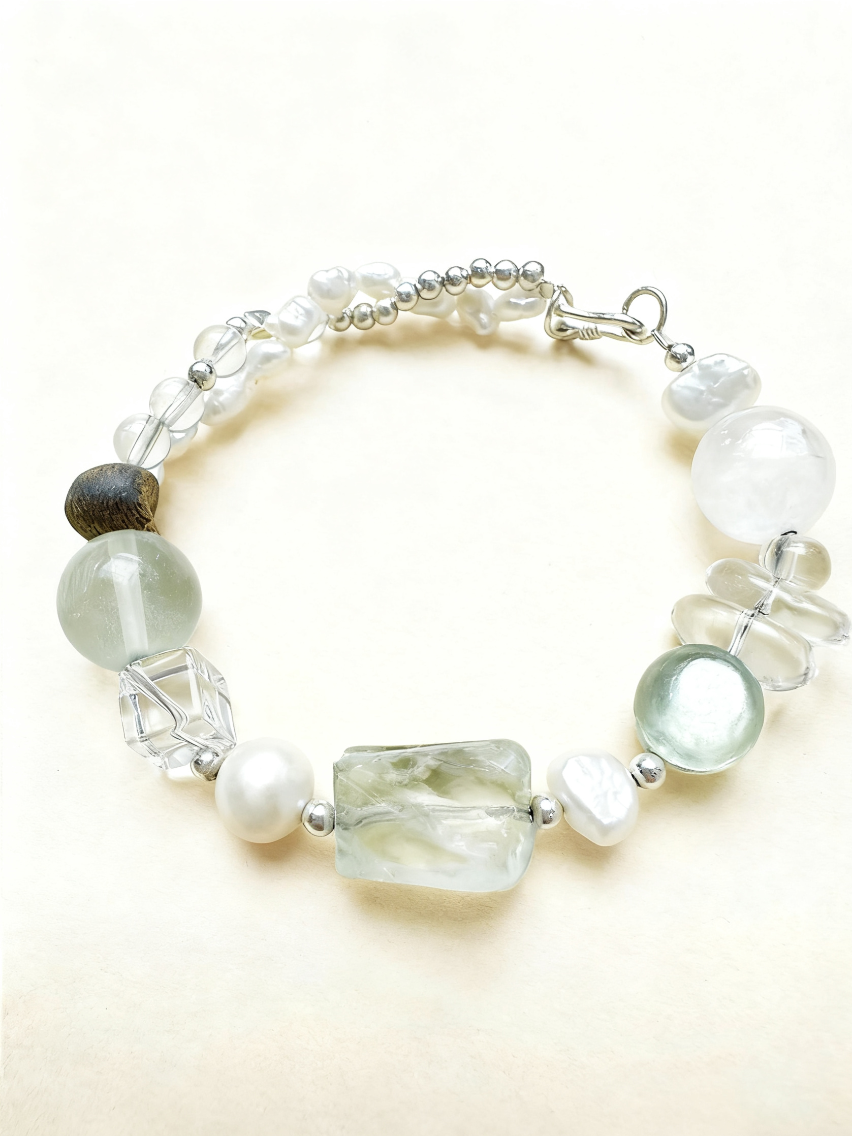 Wood Green Fluorite & Lepidolite With Pearls Bracelet