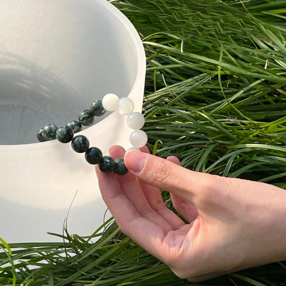 Wood + Metal Green Dragon Stone & Moonstone Minimalist Bracelet